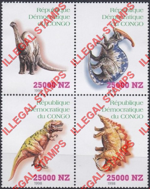 Congo Democratic Republic 1998 Dinosaurs Illegal Stamp Block of 4