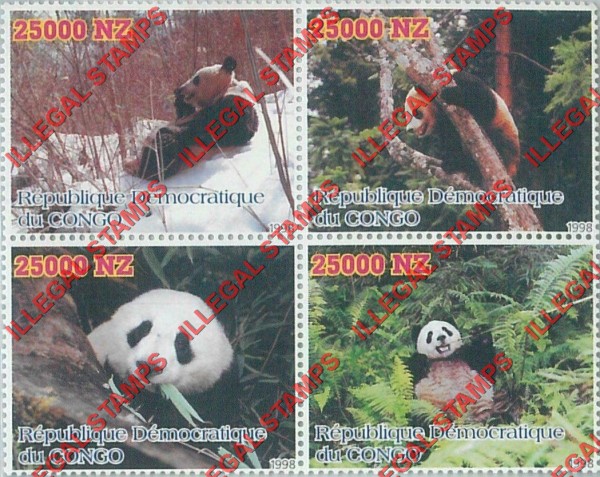 Congo Democratic Republic 1998 Pandas Illegal Stamp Block of 4