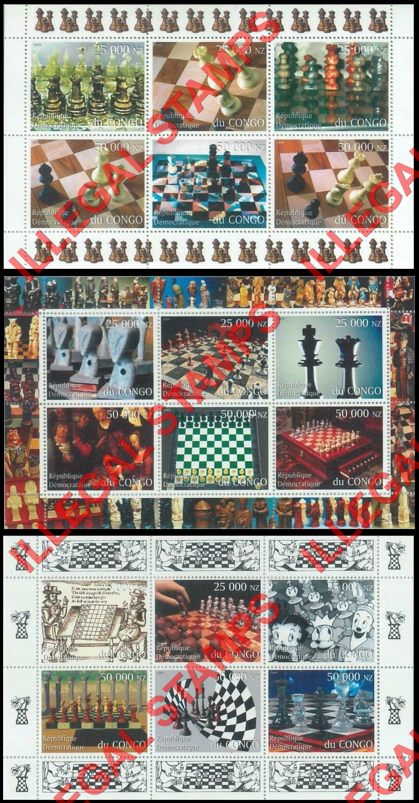 Congo Democratic Republic 1999 Chess Illegal Stamp Souvenir Sheets of 6