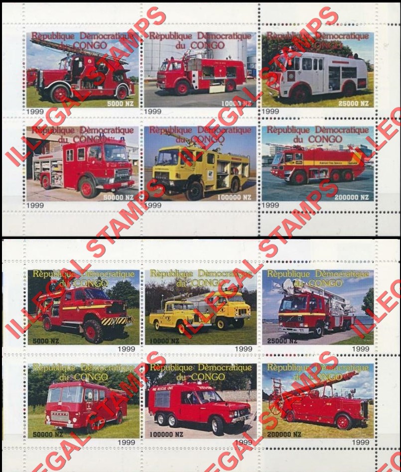 Congo Democratic Republic 1999 Fire Trucks Illegal Stamp Souvenir Sheets of 6
