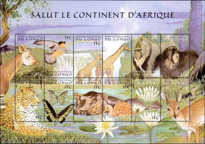 Congo Democratic Republic 2000 Animals of Africa Souvenir Sheet of 12 Scott Number 1512