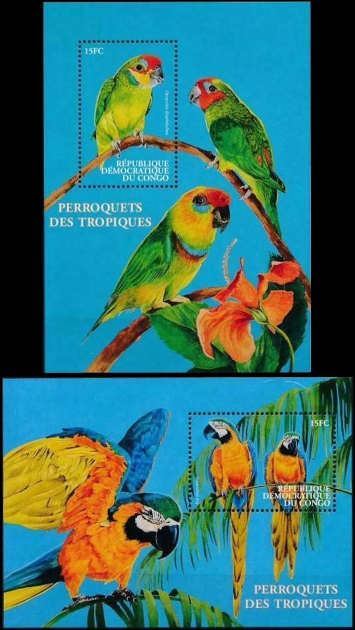 Congo Democratic Republic 2000 Birds Parrots Souvenir Sheets of 1 Scott Number 1541-1542