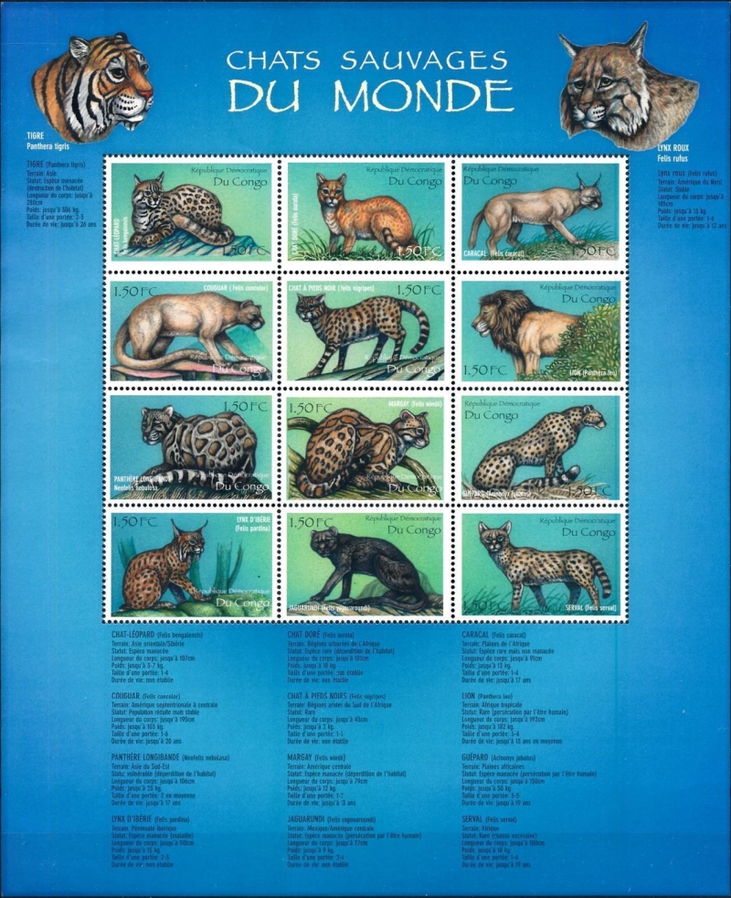 Congo Democratic Republic 2000 Wild Cats of the World Souvenir Sheet of 12 Scott Number 1517