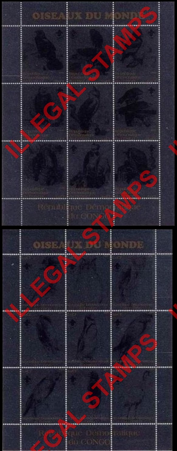 Congo Democratic Republic 2000 Birds of the World Silver Foil Illegal Stamp Sheets of 9
