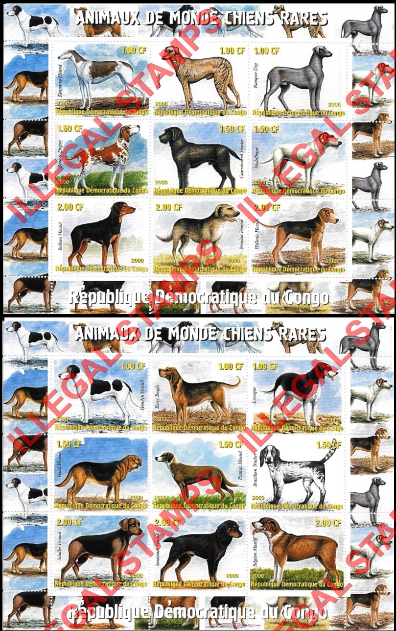 Congo Democratic Republic 2000 Dogs Illegal Stamp Sheets of 9