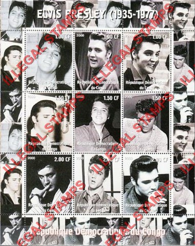 Congo Democratic Republic 2000 Elvis Presley Illegal Stamp Sheet of 9
