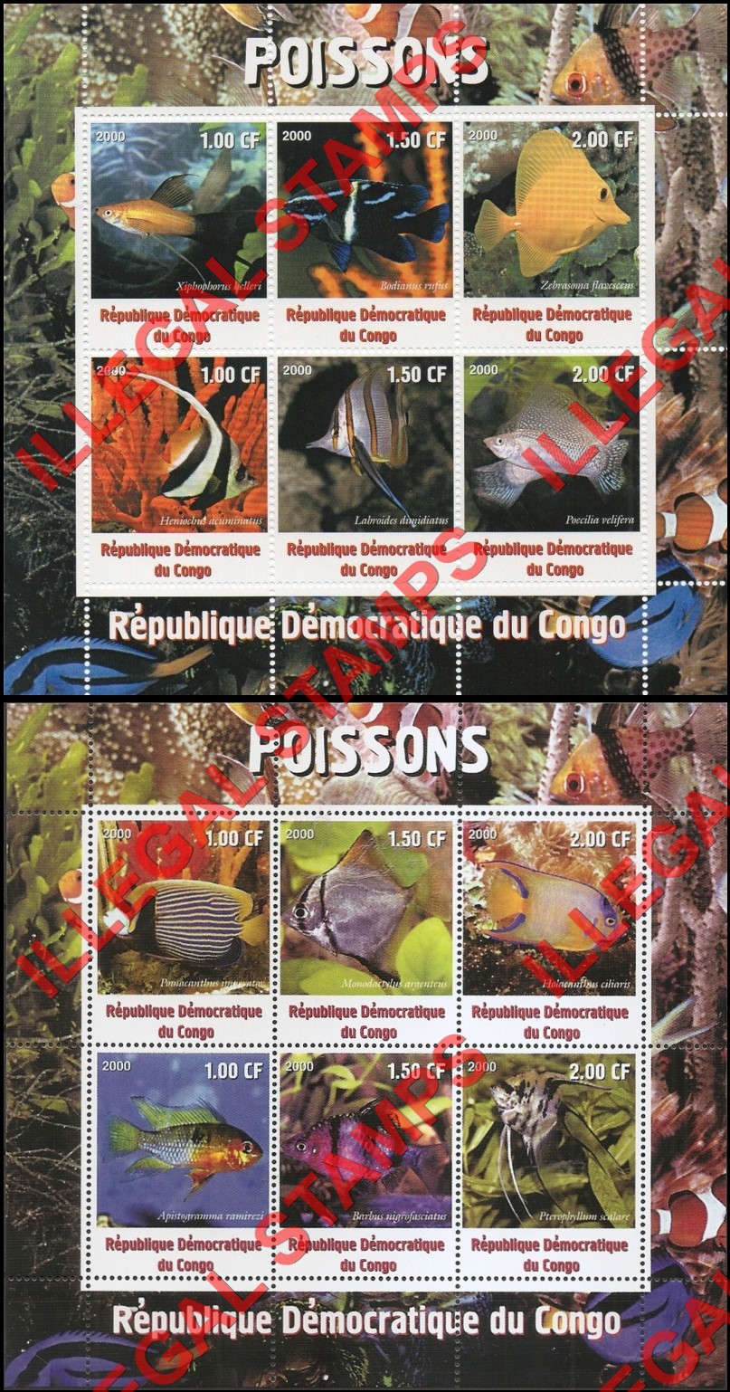 Congo Democratic Republic 2000 Fish Illegal Stamp Souvenir Sheets of 6