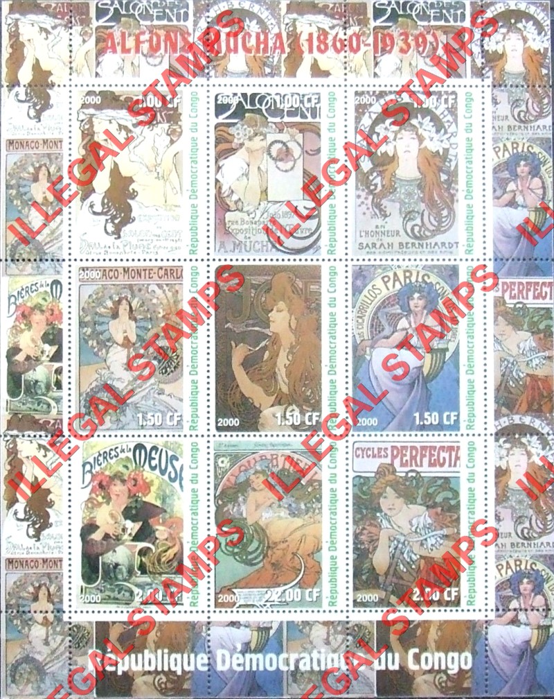 Congo Democratic Republic 2000 Paintings Mucha Illegal Stamp Sheet of 9