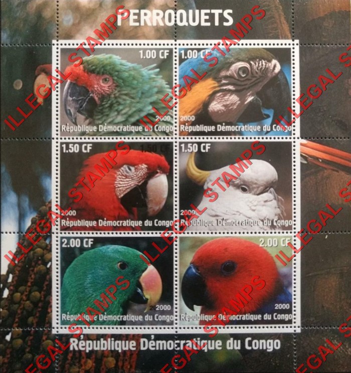 Congo Democratic Republic 2000 Parrots Illegal Stamp Souvenir Sheet of 6