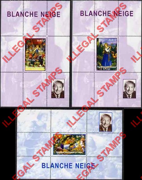Congo Democratic Republic 2000 Snow White and Walt Disney Illegal Stamp Souvenir Sheets of 1