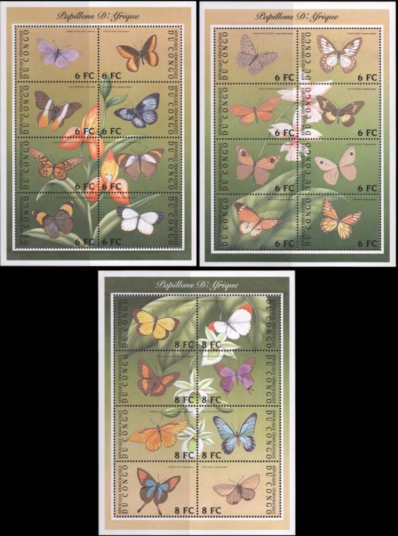 Congo Democratic Republic 2001 Butterflies Sheets of 8 Scott Number 1597-1599