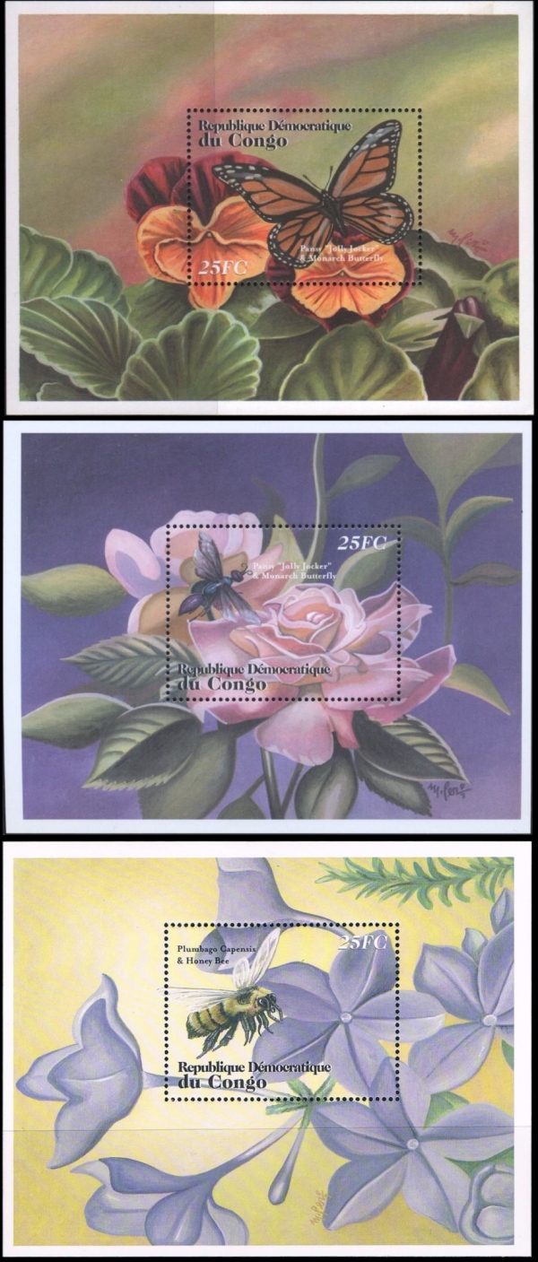 Congo Democratic Republic 2001 Flowers and Insects Souvenir Sheets of 1 Scott Number 1610-1612