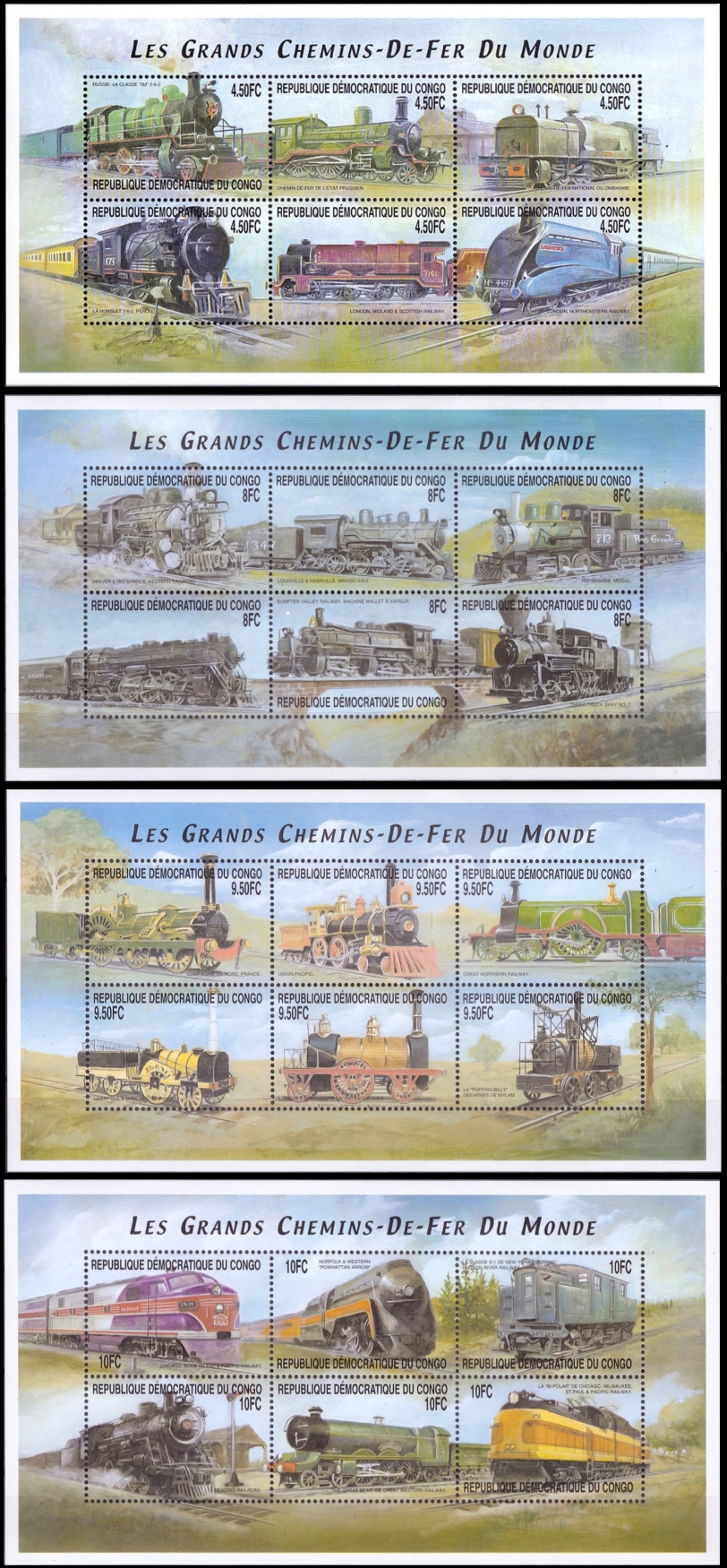 Congo Democratic Republic 2001 Trains Sheets of 6 Scott Number 1560-1563