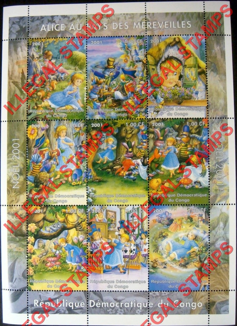 Congo Democratic Republic 2001 Alice in Wonderland Illegal Stamp Sheet of 9