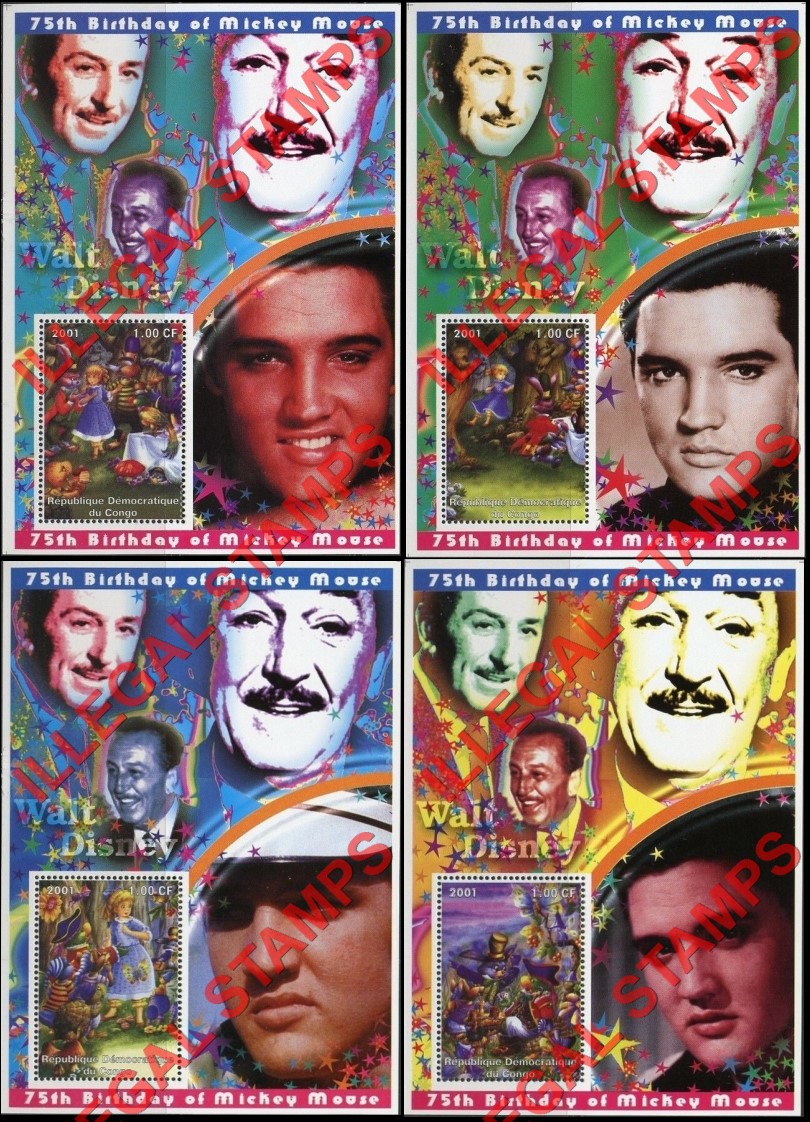 Congo Democratic Republic 2001 Alice in Wonderland with Elvis Presley and Walt Disney Illegal Stamp Souvenir Sheets of 1 (Part 1)
