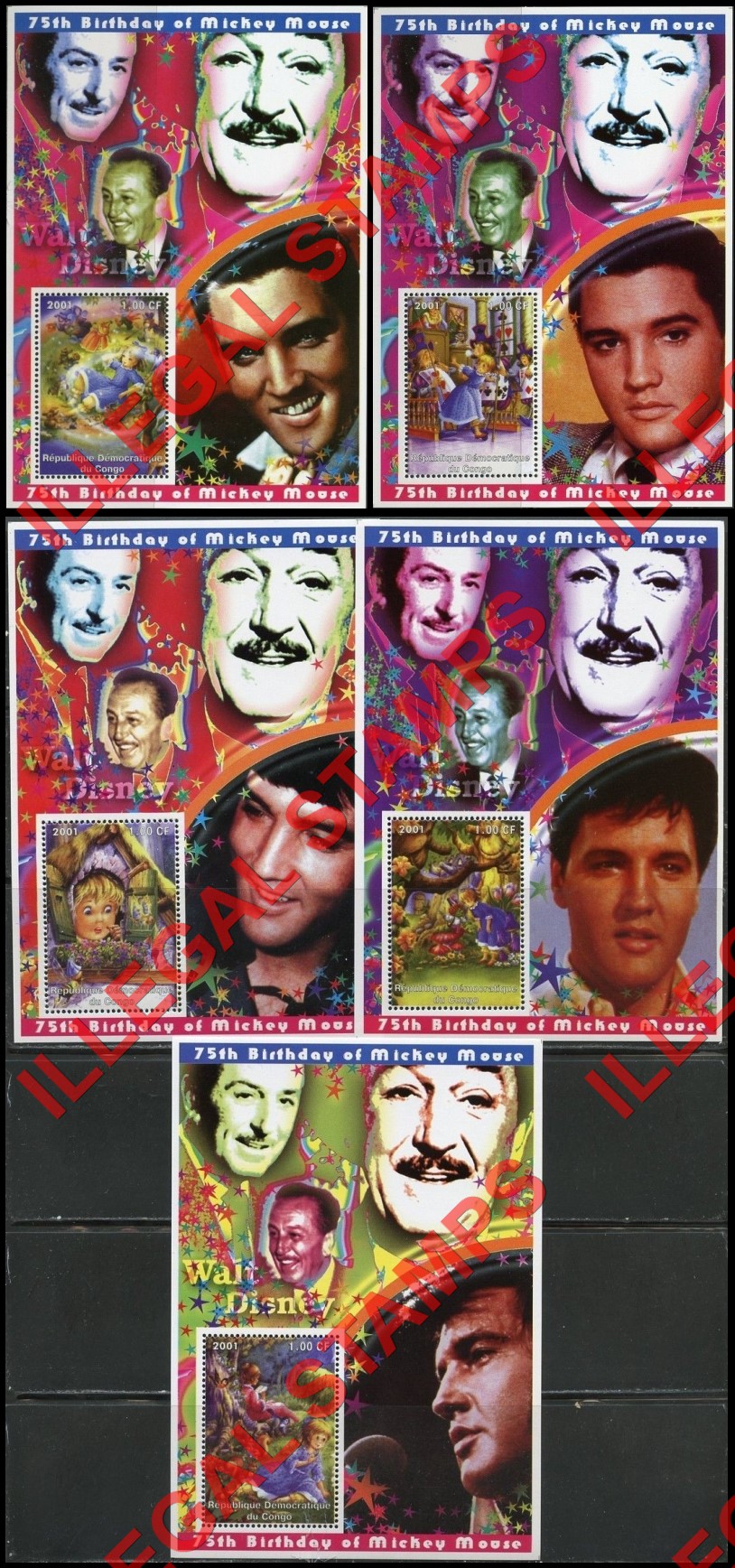 Congo Democratic Republic 2001 Alice in Wonderland with Elvis Presley and Walt Disney Illegal Stamp Souvenir Sheets of 1 (Part 2)