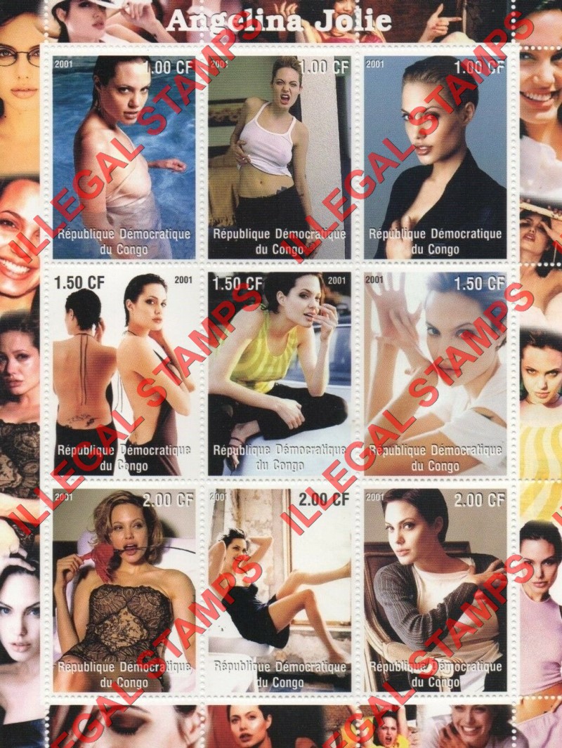 Congo Democratic Republic 2001 Angelina Jolie Illegal Stamp Sheet of 9