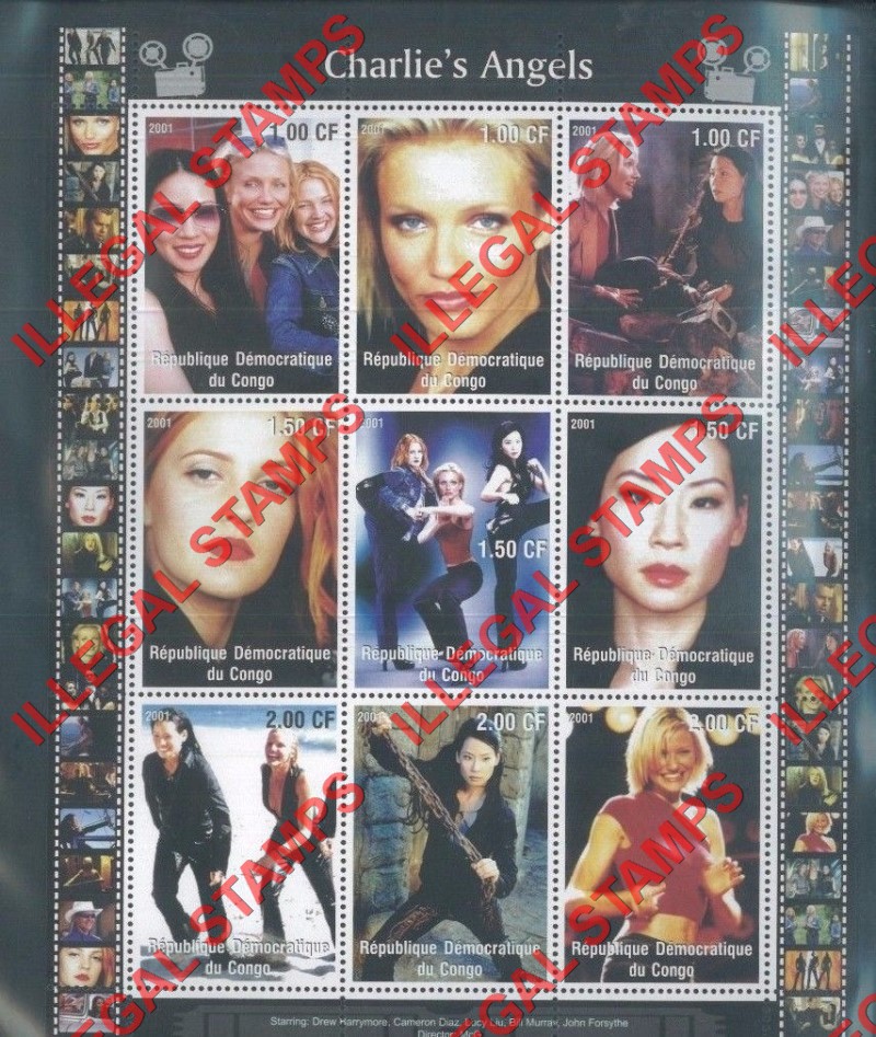 Congo Democratic Republic 2001 Charlie's Angels Illegal Stamp Sheet of 9