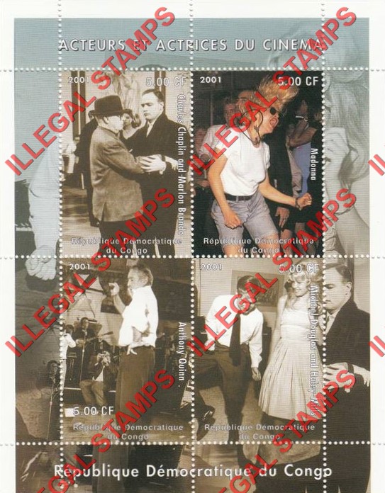 Congo Democratic Republic 2001 Cinema Actors and actresses Illegal Stamp Souvenir Sheet of 4