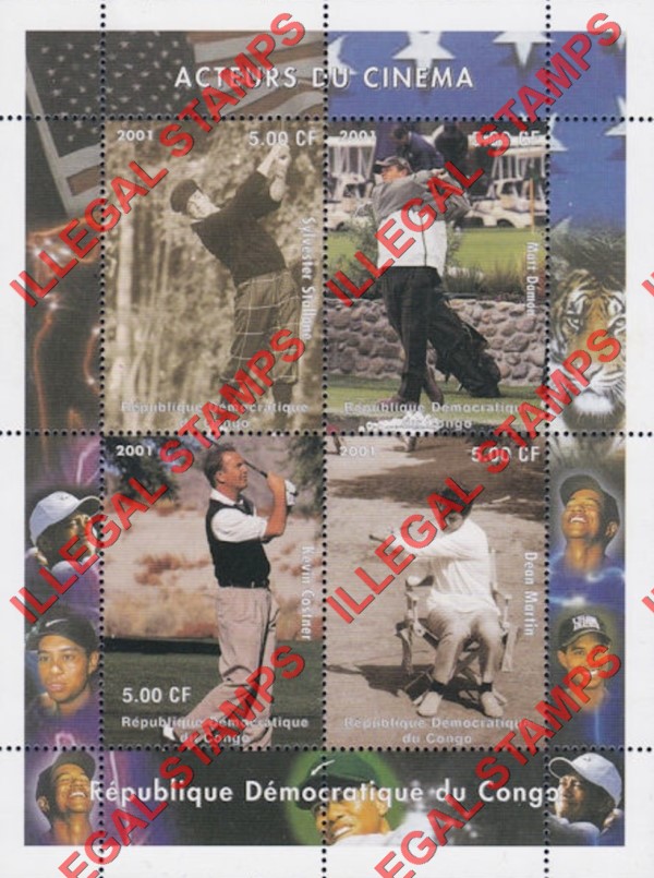 Congo Democratic Republic 2001 Cinema Actors Playing Golf Illegal Stamp Souvenir Sheet of 4