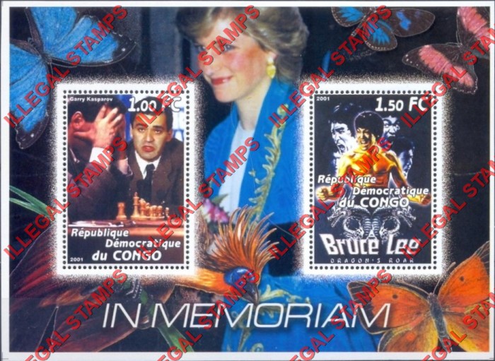 Congo Democratic Republic 2001 Diana Memoriam with Chess Player Garry Kasperov and Bruce Lee Illegal Stamp Souvenir Sheet of 2