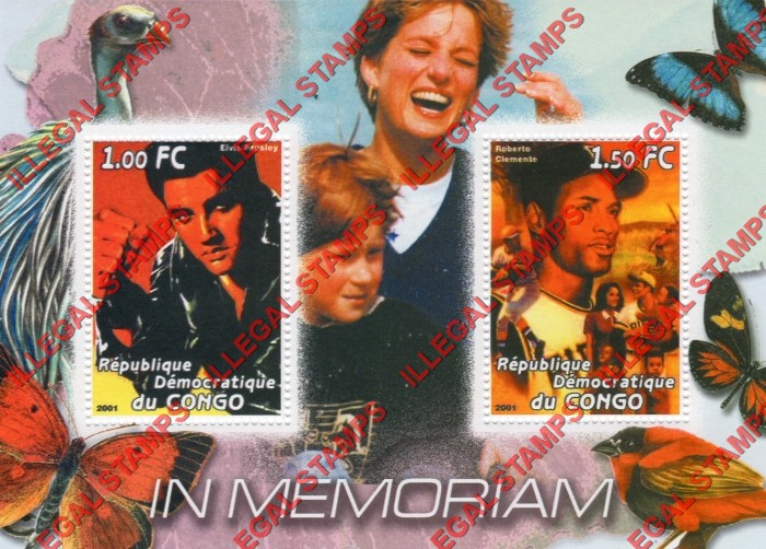 Congo Democratic Republic 2001 Diana Memoriam with Elvis Presley and Roberto Clemente Illegal Stamp Souvenir Sheet of 2