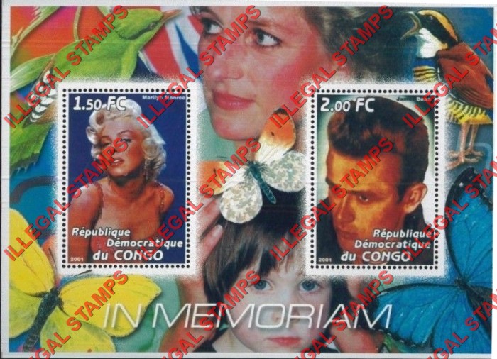 Congo Democratic Republic 2001 Diana Memoriam with Marilyn Monroe and James Dean Illegal Stamp Souvenir Sheet of 2