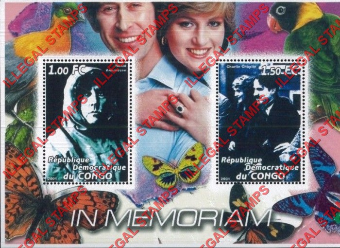 Congo Democratic Republic 2001 Diana Memoriam with Roald Amundsen and Charlie Chaplin Illegal Stamp Souvenir Sheet of 2