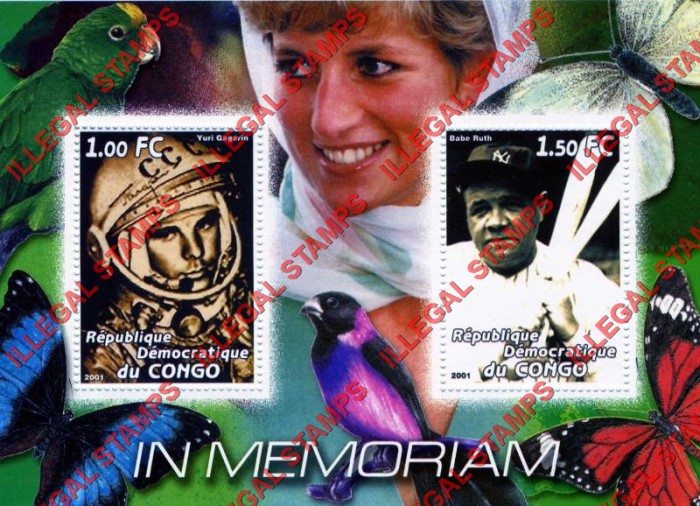 Congo Democratic Republic 2001 Diana Memoriam with Yuri Gagarin and Babe Ruth Illegal Stamp Souvenir Sheet of 2