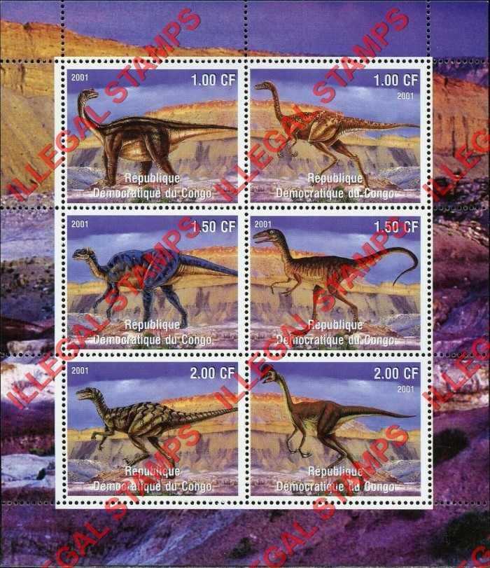 Congo Democratic Republic 2001 Dinosaurs Illegal Stamp Sheet of 6