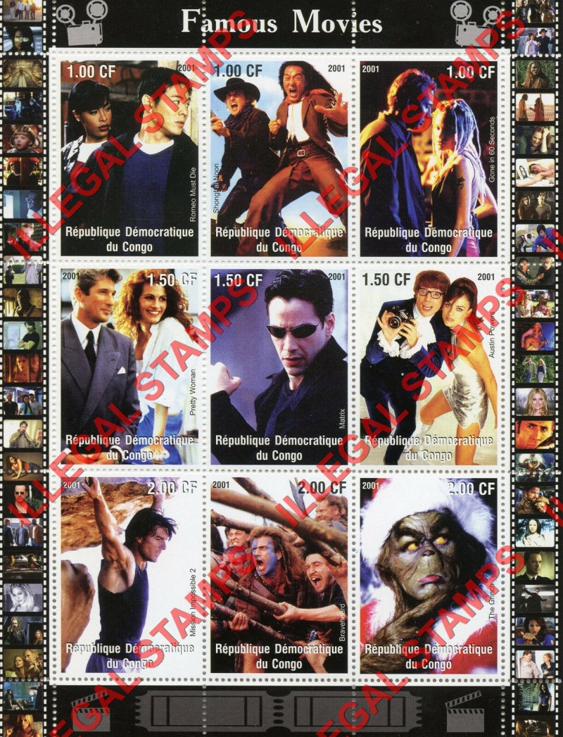 Congo Democratic Republic 2001 Famous Movies Illegal Stamp Sheet of 9