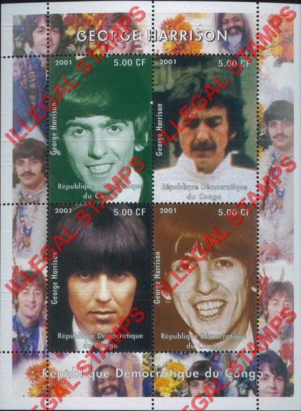 Congo Democratic Republic 2001 George Harrison The Beatles Illegal Stamp Souvenir Sheet of 4