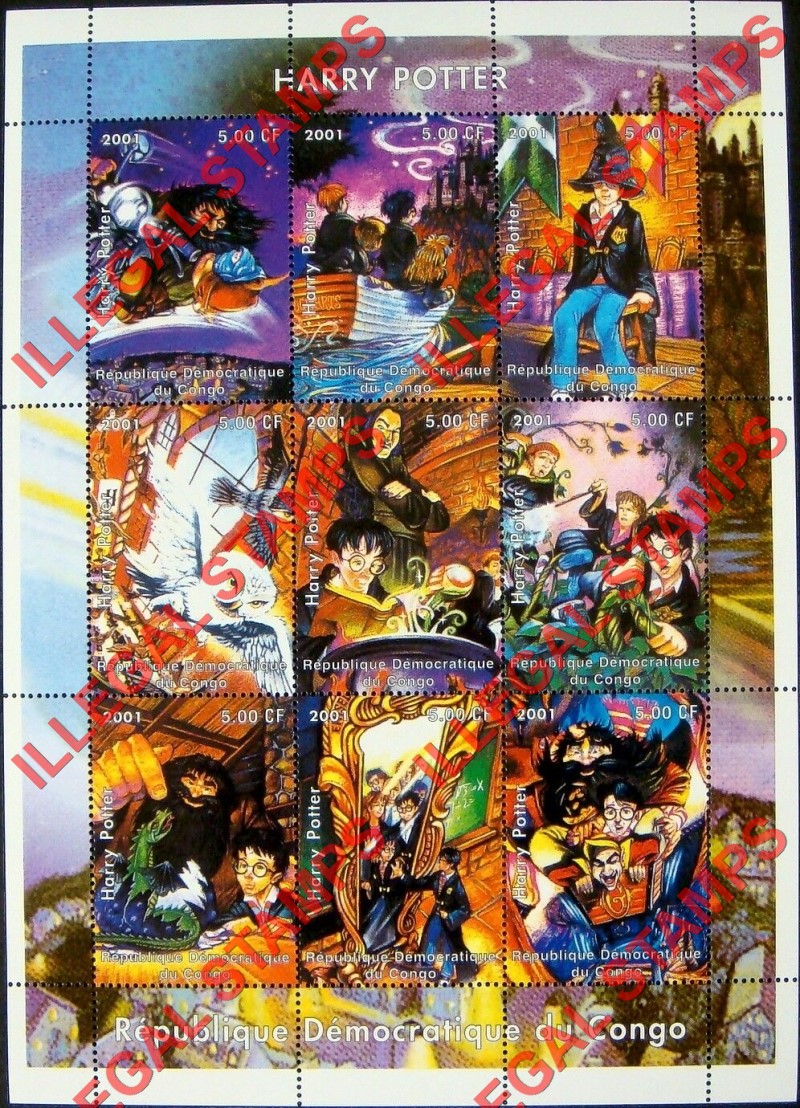 Congo Democratic Republic 2001 Harry Potter Comics Illegal Stamp Sheet of 9