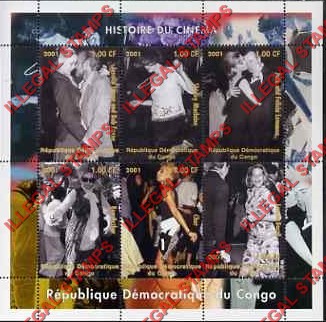 Congo Democratic Republic 2001 History of Cinema Illegal Stamp Souvenir Sheet of 6