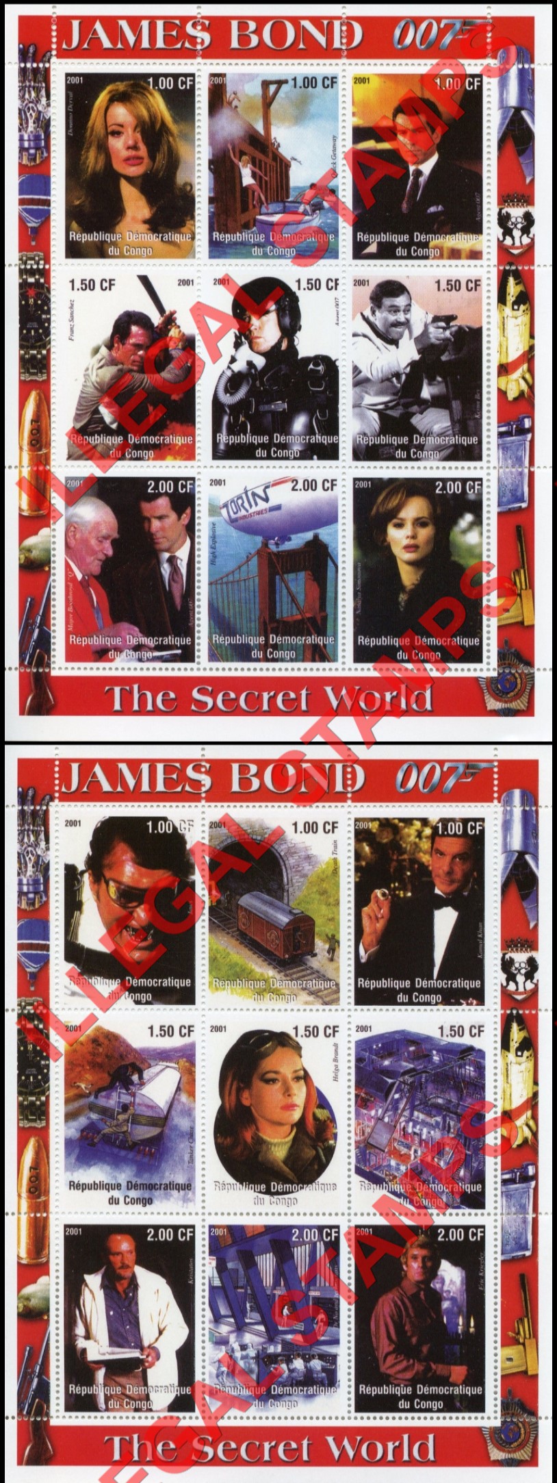 Congo Democratic Republic 2001 James Bond The Secret World Illegal Stamp Sheets of 9 (Part 1)