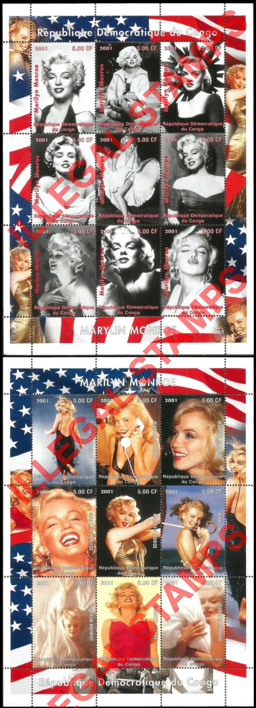 Congo Democratic Republic 2001 Marilyn Monroe Illegal Stamp Sheets of 9