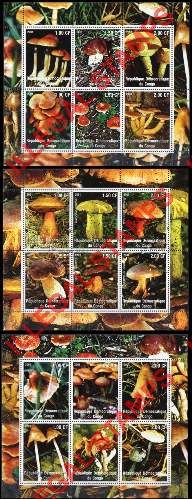 Congo Democratic Republic 2001 Mushrooms Illegal Stamp Souvenir Sheets of 6