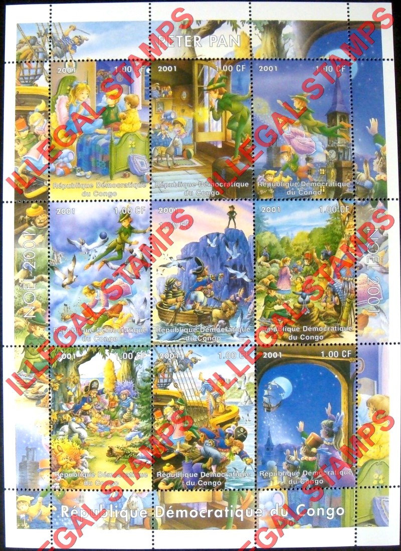 Congo Democratic Republic 2001 Peter Pan Illegal Stamp Sheet of 9