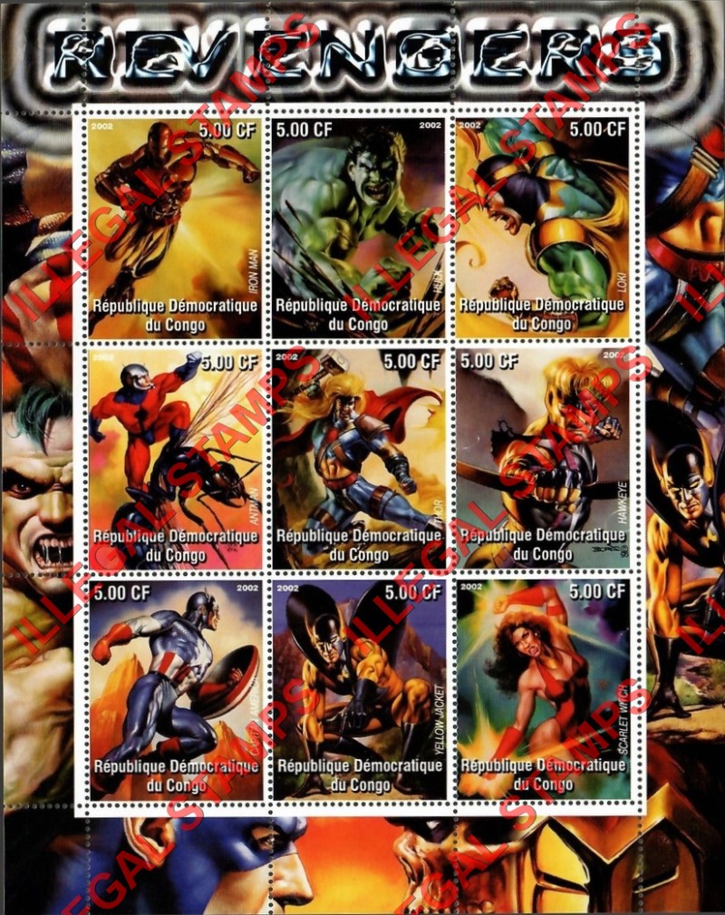 Congo Democratic Republic 2002 Avengers Illegal Stamp Sheet of 9