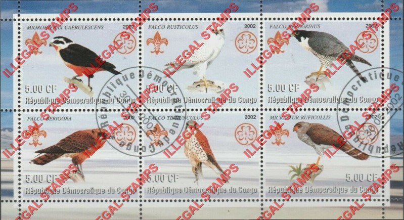 Congo Democratic Republic 2002 Birds Falcons Illegal Stamp Souvenir Sheet of 6