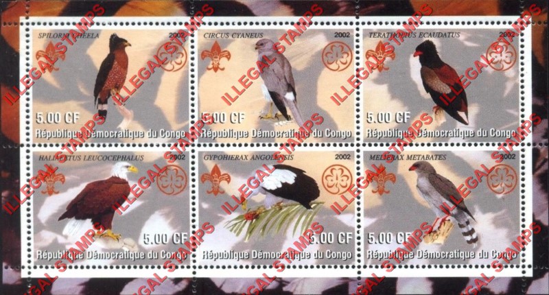 Congo Democratic Republic 2002 Birds Hawks Illegal Stamp Souvenir Sheet of 6