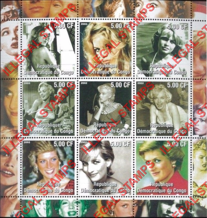 Congo Democratic Republic 2002 Blond Celebrities Illegal Stamp Sheet of 9