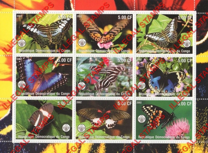 Congo Democratic Republic 2002 Butterflies Illegal Stamp Sheet of 9