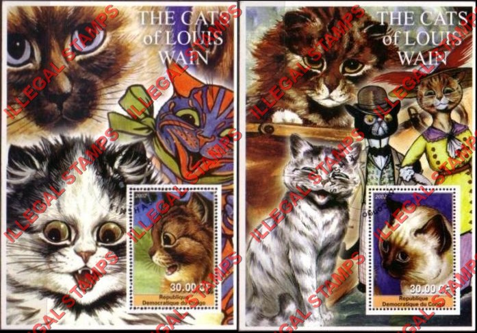 Congo Democratic Republic 2002 Cats of Louis Wain Illegal Stamp Souvenir Sheets of 1