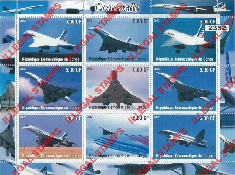 Congo Democratic Republic 2002 Concorde Illegal Stamp Sheet of 9