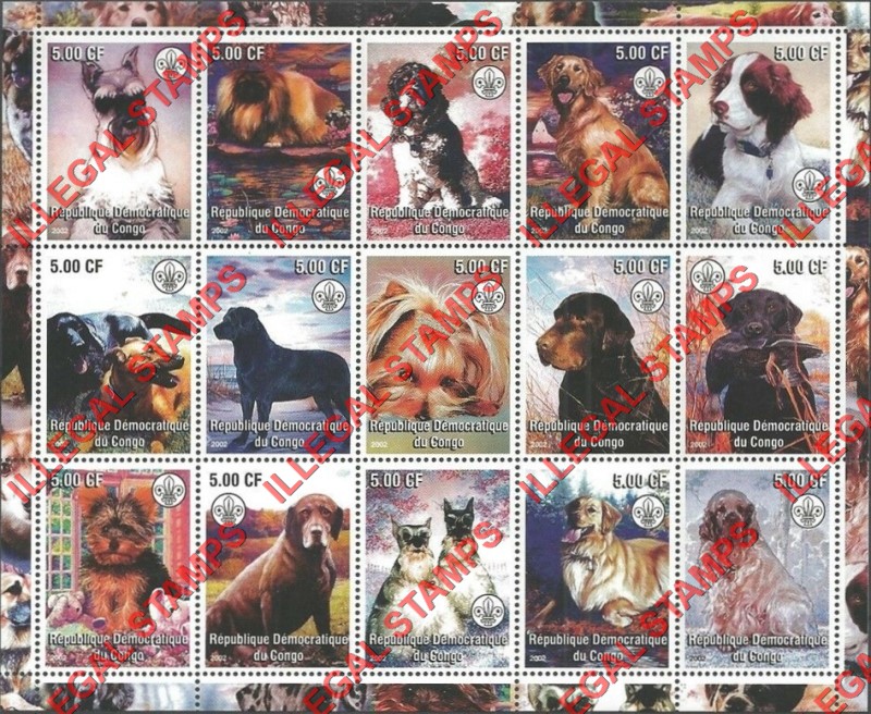 Congo Democratic Republic 2002 Dogs Illegal Stamp Sheet of 15