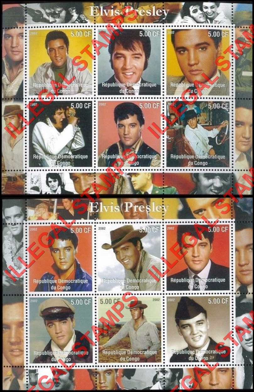Congo Democratic Republic 2002 Elvis Presley Illegal Stamp Souvenir Sheets of 6