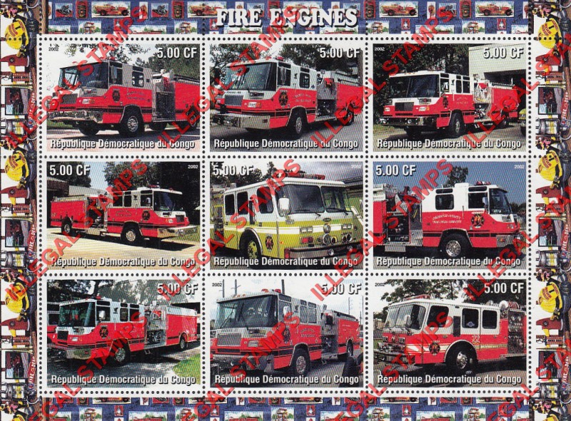 Congo Democratic Republic 2002 Fire Engines Illegal Stamp Sheet of 9