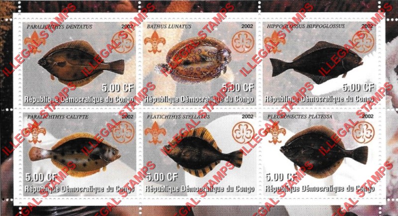 Congo Democratic Republic 2002 Fish Flounders Illegal Stamp Souvenir Sheet of 6