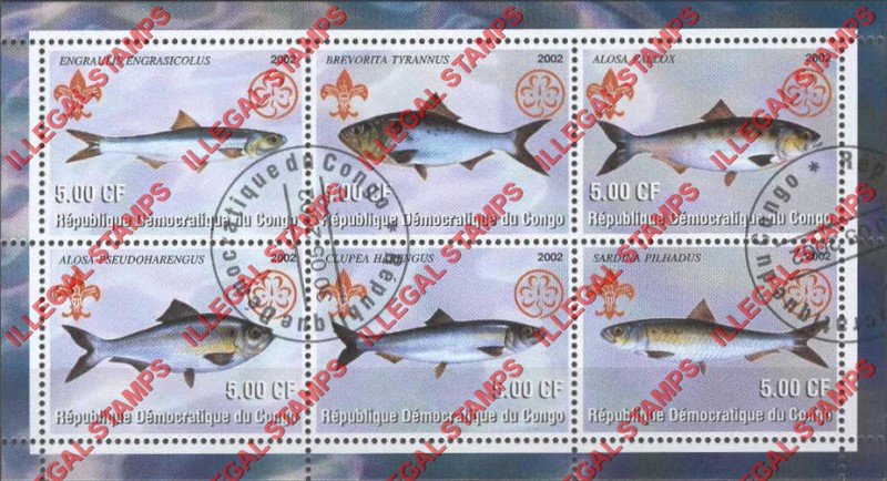 Congo Democratic Republic 2002 Fish Herrings Illegal Stamp Souvenir Sheet of 6